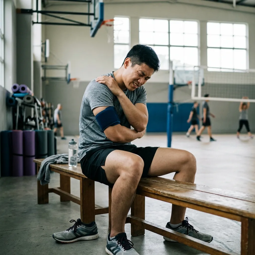 Athlete sitting on a gym bench clutching his shoulder in pain, representing sports injuries, rotator cuff strain, and gym-related injury recovery in Cheras, Kuala Lumpur