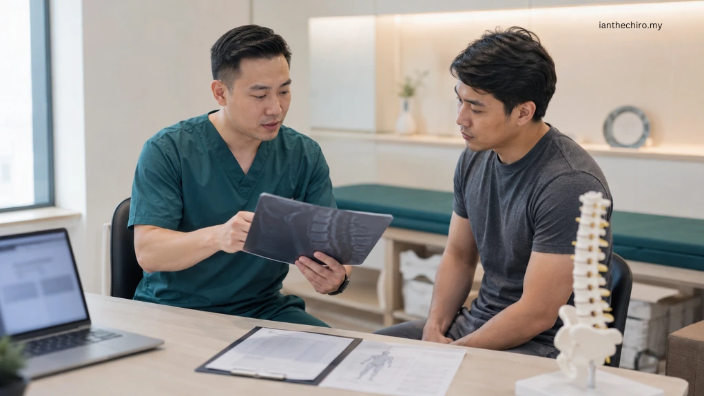 Back Pain vs Slipped Disc vs Sciatica: What's the Difference? 2 Chiropractor reviewing scan findings with patient for back pain vs slipped disc vs sciatica