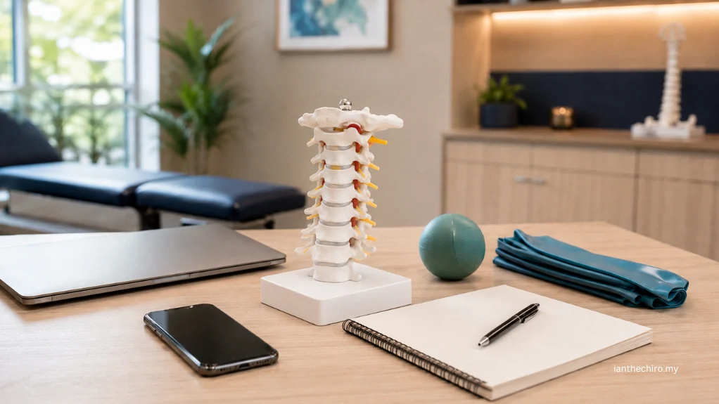 Is Cracking Your Own Neck Bad? What to Know 2 Cervical spine model with desk and exercise items representing causes of frequent neck stiffness