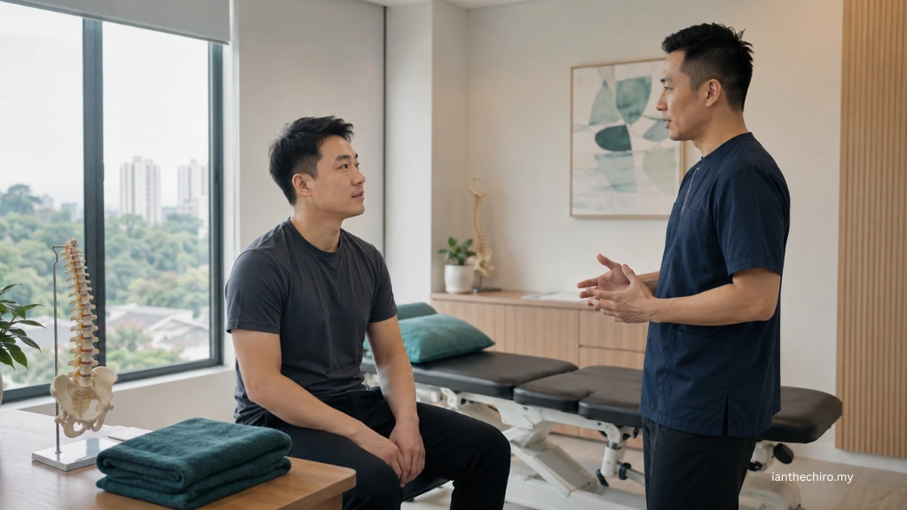 Chiropractor explaining care options for chiropractic adjustment vs massage
