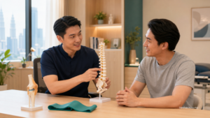Chiropractor explaining chiropractic adjustments and physiotherapy options to a patient