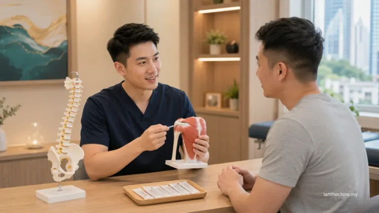 Chiropractor explaining dry needling and acupuncture differences to a patient in a Kuala Lumpur clinic