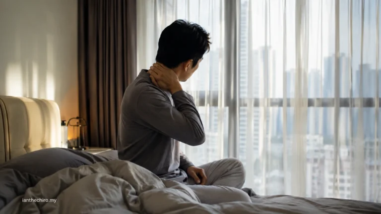 Person waking with neck pain after sleeping wrong in a Malaysian bedroom