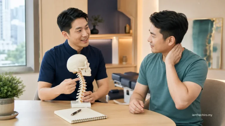 Chiropractor assessing a patient with neck pain and headaches using a cervical spine model