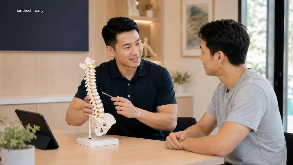 Are Chiropractic Adjustments Safe? What to Know First 2 Chiropractor explaining spinal anatomy to a patient during a consultation in a bright Kuala Lumpur clinic