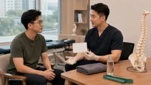 Chiropractor explaining what to expect after chiropractic adjustment to a patient