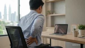 Office worker with lower back discomfort after sitting, showing why does lower back pain feel worse after sitting