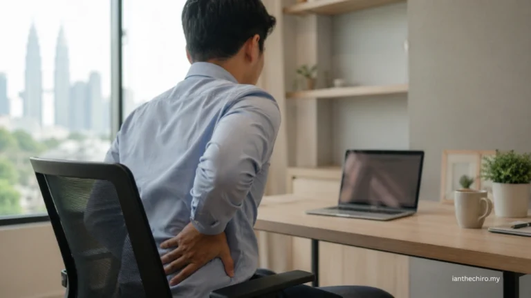 Office worker with lower back discomfort after sitting, showing why does lower back pain feel worse after sitting