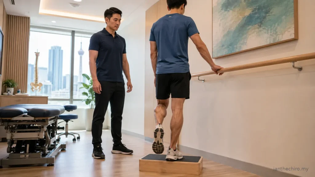 Achilles Pain After Running: What Could It Mean? 2 Chiropractor observing a single-leg calf-strength test for Achilles pain after running