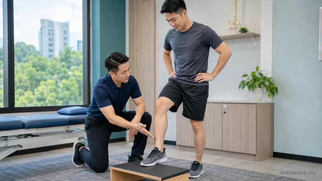 Why Does Ankle Pain Keep Coming Back After a Sprain? 2 Chiropractor supervising balance rehabilitation for ankle pain after a sprain