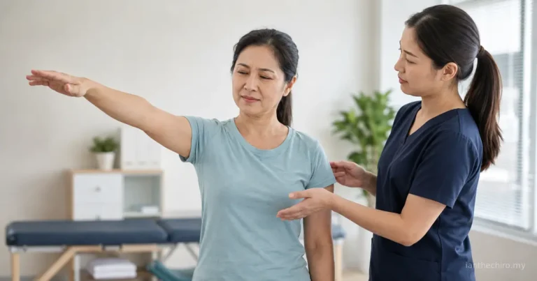Woman raising her arm during an assessment comparing frozen shoulder vs rotator cuff pain