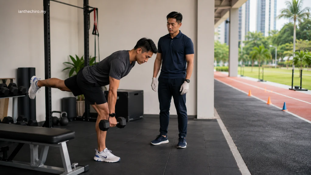 Hamstring Pain After Running: Causes, Signs and What Helps 2 Chiropractor observing a single-leg hip hinge assessment for hamstring pain after running