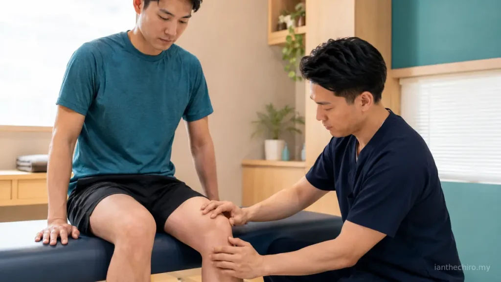 Knee Pain After Running: What Could It Mean? 2 Chiropractor assessing a runner's knee during a consultation for knee pain after running