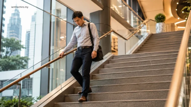 Person experiencing knee pain going down stairs in Kuala Lumpur