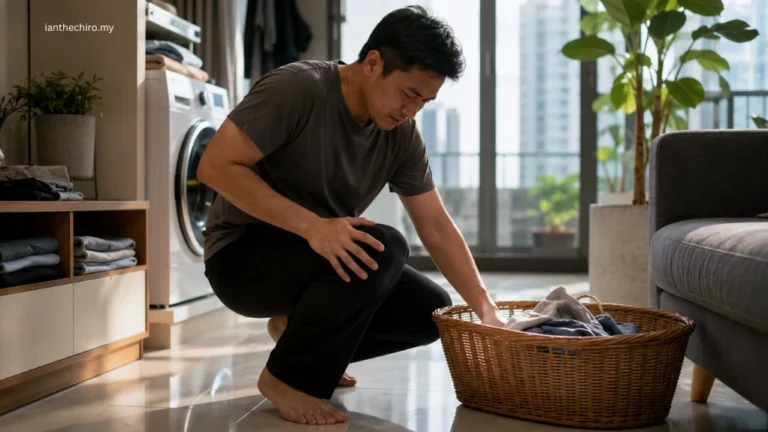 Person with knee pain when squatting to pick up a household item