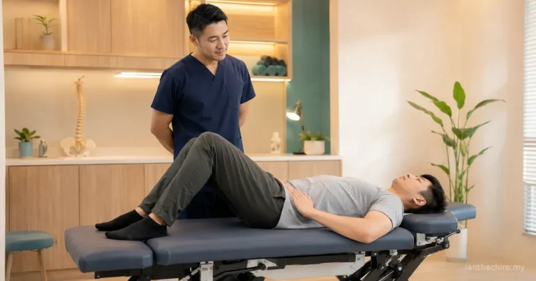 Patient demonstrating lower back pain when lying down with knees bent during a chiropractic assessment in Cheras