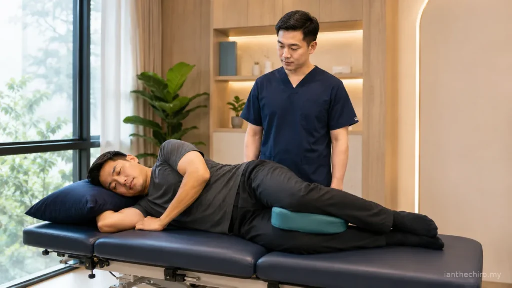 Lower Back Pain When Lying Down: What Could It Mean? 2 Supported side-lying assessment for lower back pain when lying down with a pillow between the patient's knees