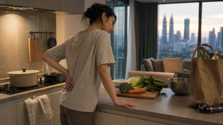 Person experiencing lower back pain when standing too long while cooking