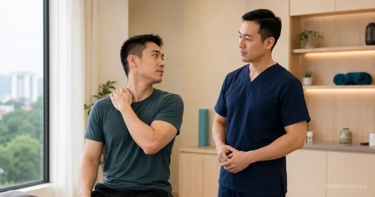 Man describing neck pain when turning his head during a chiropractic consultation in Cheras