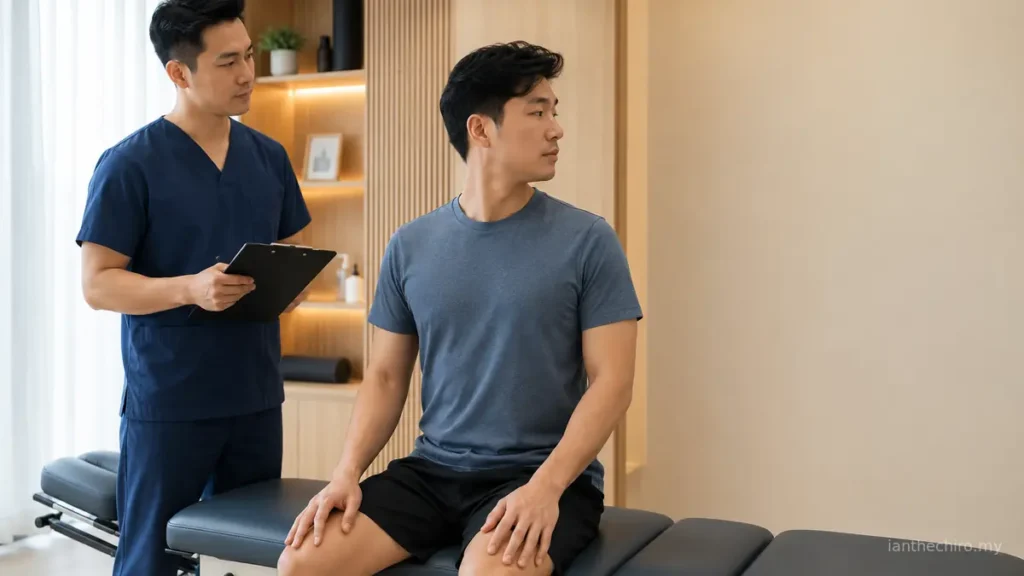 Neck Pain When Turning Your Head: What Could It Mean? 2 Chiropractor observing active neck rotation during a neck pain assessment