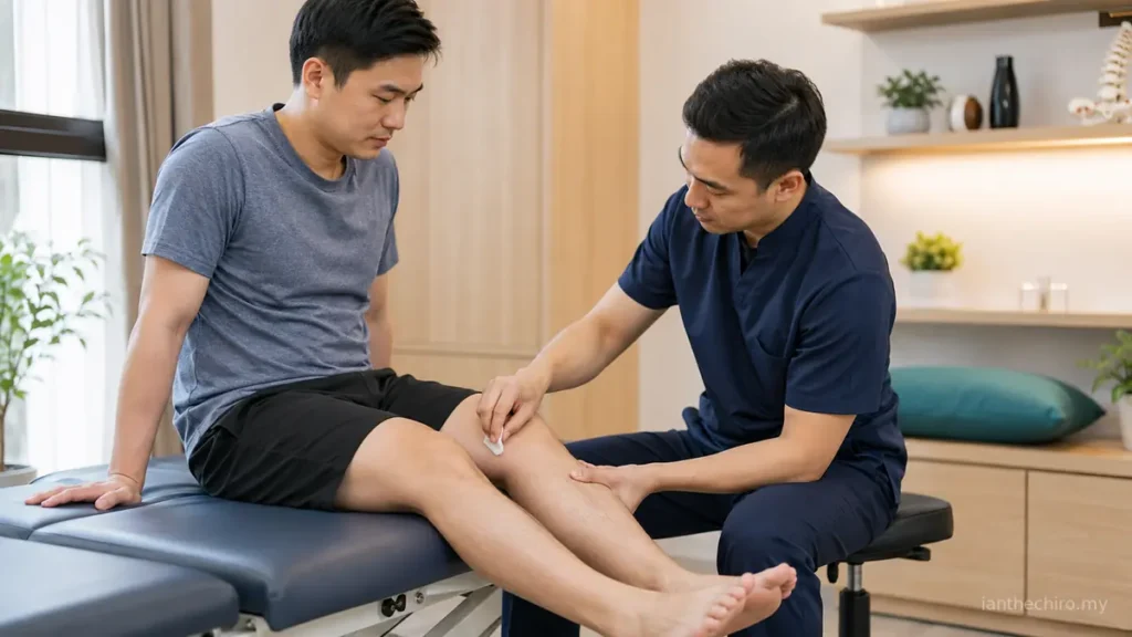 Numbness in the Leg: Could It Come From the Lower Back? 2 Chiropractor checking lower-leg sensation during an assessment for leg numbness