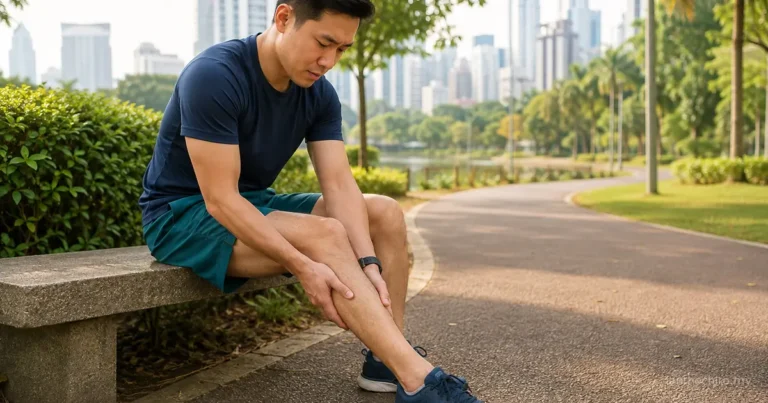 Runner holding his inner shin because of shin pain after running in a Kuala Lumpur park