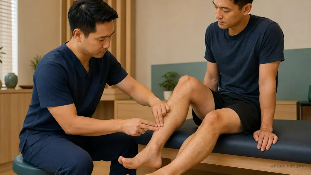 Shin Pain After Running: Causes, Patterns and What to Do 2 Chiropractor assessing a runner's lower leg for shin pain after running in a clinic