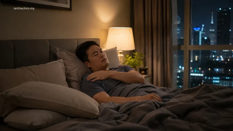 Person awake with shoulder pain at night in bed