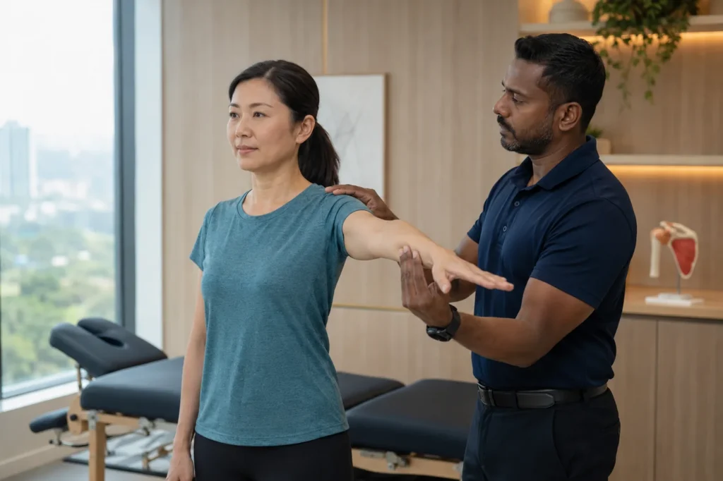 What Doctor Should I See for Shoulder Pain? A Practical Guide 2 Clinician assessing a patient’s shoulder movement during a musculoskeletal examination