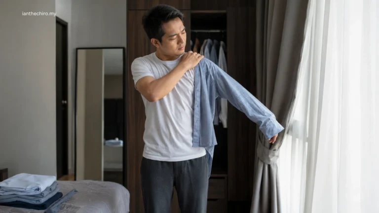 Person with shoulder pain when lifting your arm while putting on a shirt