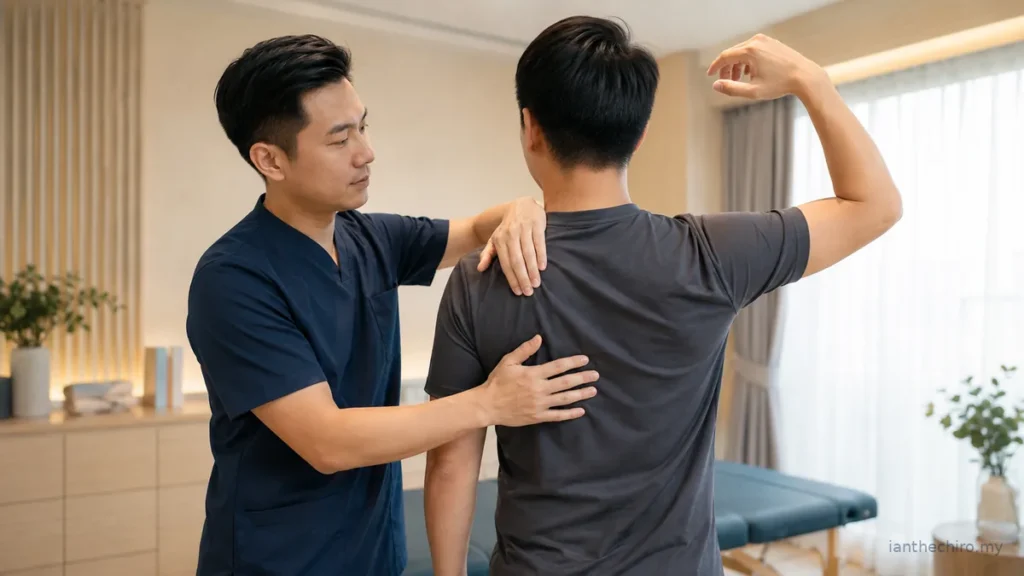 Upper Back Pain Between Shoulder Blades: What Could It Mean? 2 Chiropractor assessing upper back pain between shoulder blades during arm movement