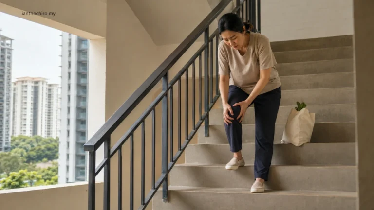 Person with knee pain on stairs showing why does my knee pain keep coming back