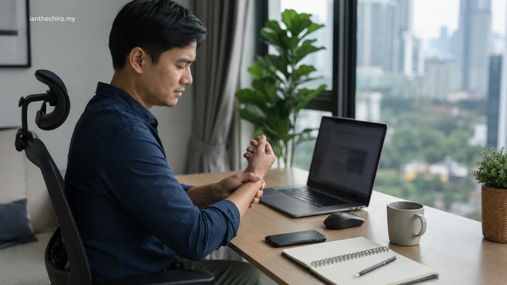 Office worker experiencing wrist pain when typing at a computer