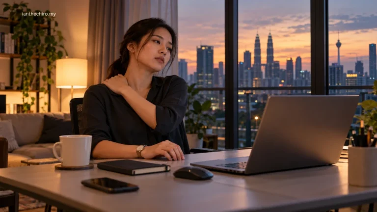 Asian Malaysian adult experiencing neck and shoulder tension during a stressful laptop workday