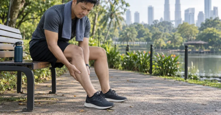 Malaysian runner holding his calf after exercise while asking does dehydration cause muscle cramps