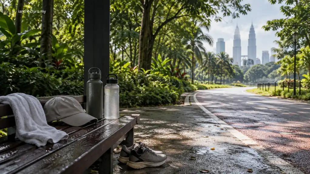 Does Dehydration Cause Muscle Cramps? What Else Matters? 2 Hot humid Kuala Lumpur running environment with water bottles, towel and running shoes at a shaded rest area
