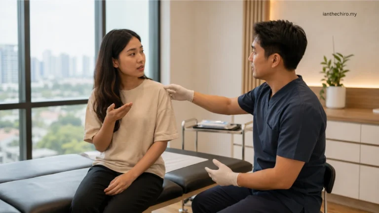 Patient discussing comfort and consent before a first dry needling session