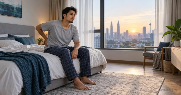 Malaysian man sitting awake on his bed and wondering, does sleep affect pain?
