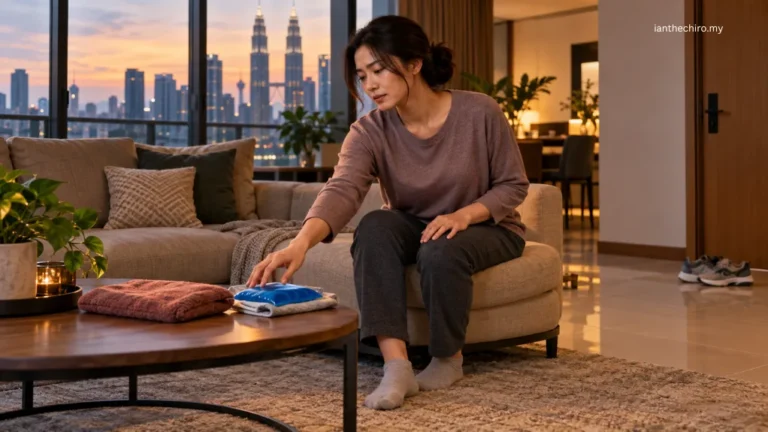 Asian Malaysian adult choosing between a covered heat pack and cold pack for back pain relief