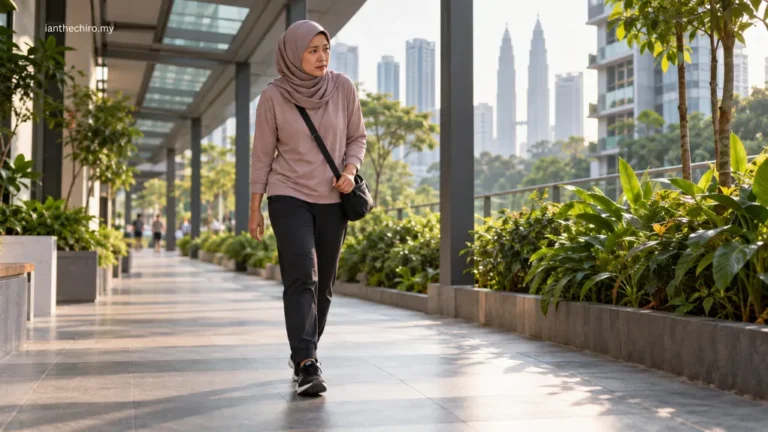 Asian Malaysian adult developing sciatica symptoms while walking in Kuala Lumpur