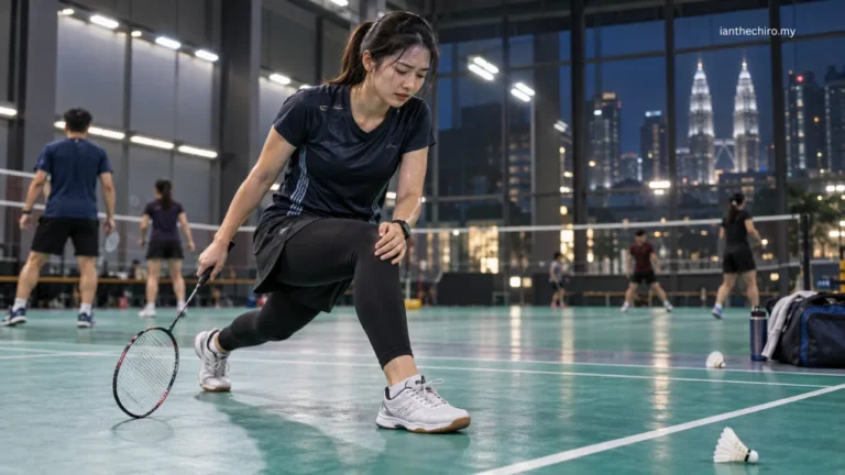 Asian Malaysian badminton player experiencing knee pain after a deep court lunge