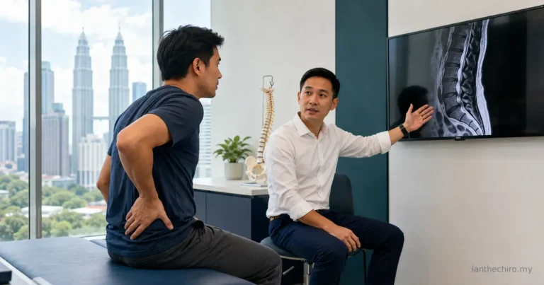 Patient discussing L4-L5 slip disc recovery with a clinician reviewing a lumbar MRI