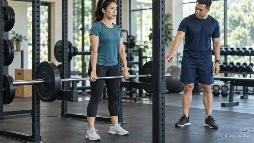 Lifting Weights With Back Pain: Is It Safe to Continue? 2 Malaysian woman modifying a rack pull while lifting weights with back pain