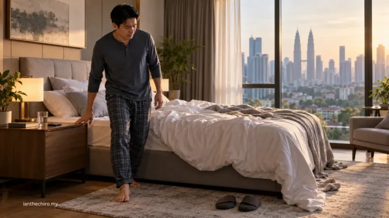 Asian Malaysian adult experiencing lower back stiffness during the first steps after waking