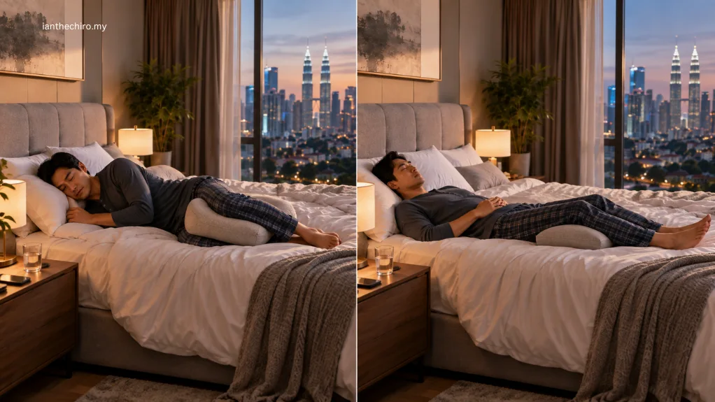 Lower Back Pain in the Morning: Why Is It Worse After Waking Up? 2 Side-lying and back-lying sleep positions with simple pillow support for back comfort