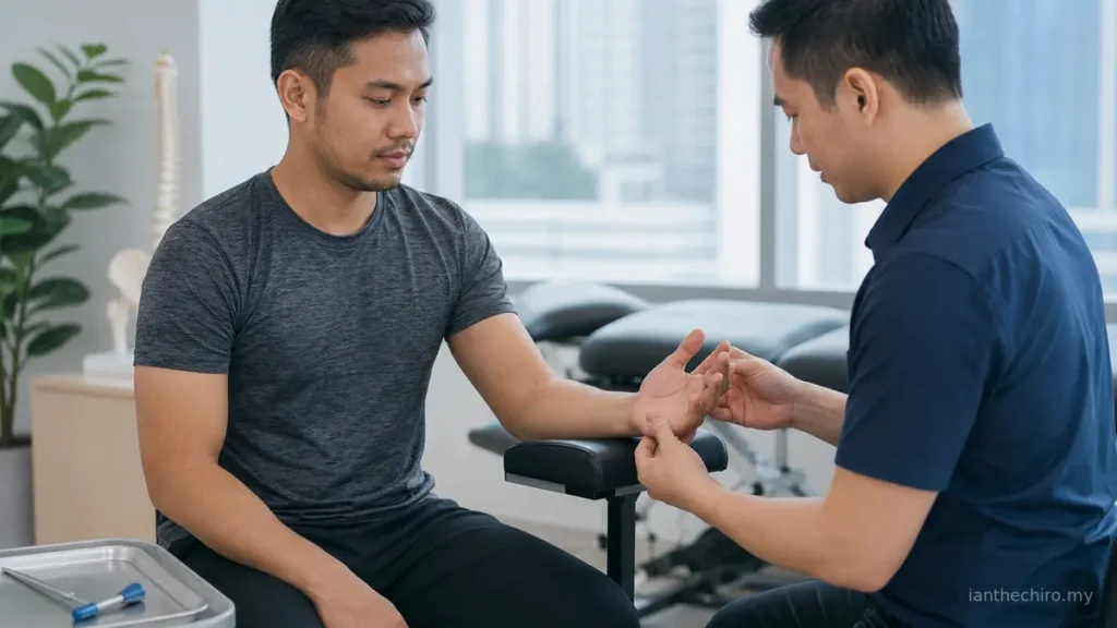 Muscle Pain vs Nerve Pain: How Can You Tell? 2 Clinician using sensation checks to assess muscle pain vs nerve pain in the hand and forearm