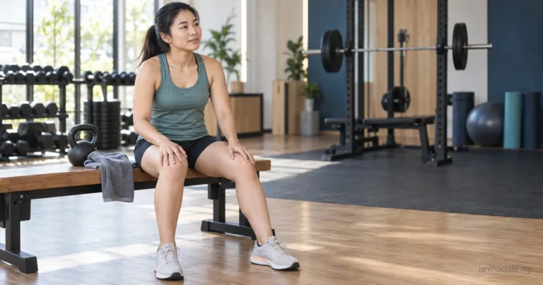 Malaysian woman assessing muscle soreness vs injury after a lower-body gym session