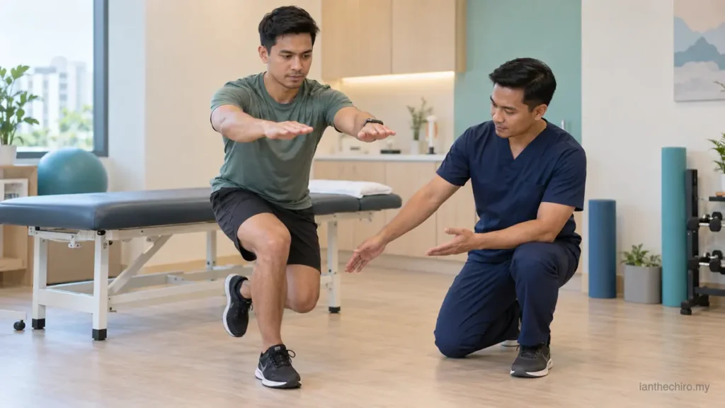 Muscle Soreness vs Injury: How Can You Tell the Difference? 2 Clinician assessing movement during a muscle soreness vs injury evaluation in a Malaysian clinic