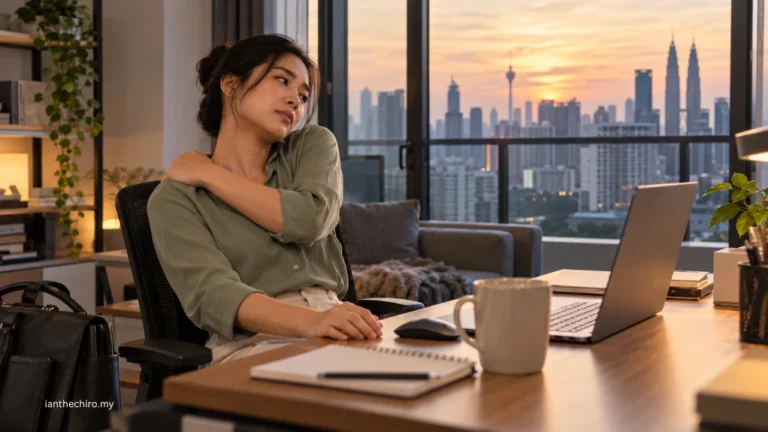 Asian Malaysian adult experiencing neck pain from laptop use after a long work session