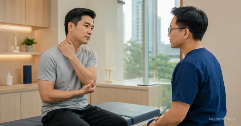 Patient discussing neck pain radiating down the arm during a chiropractic consultation